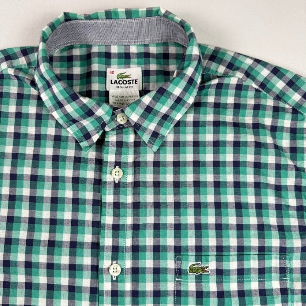 Lacoste Mens Gingham Check Long Sleeve Button Down Shirt Green Navy Size 40